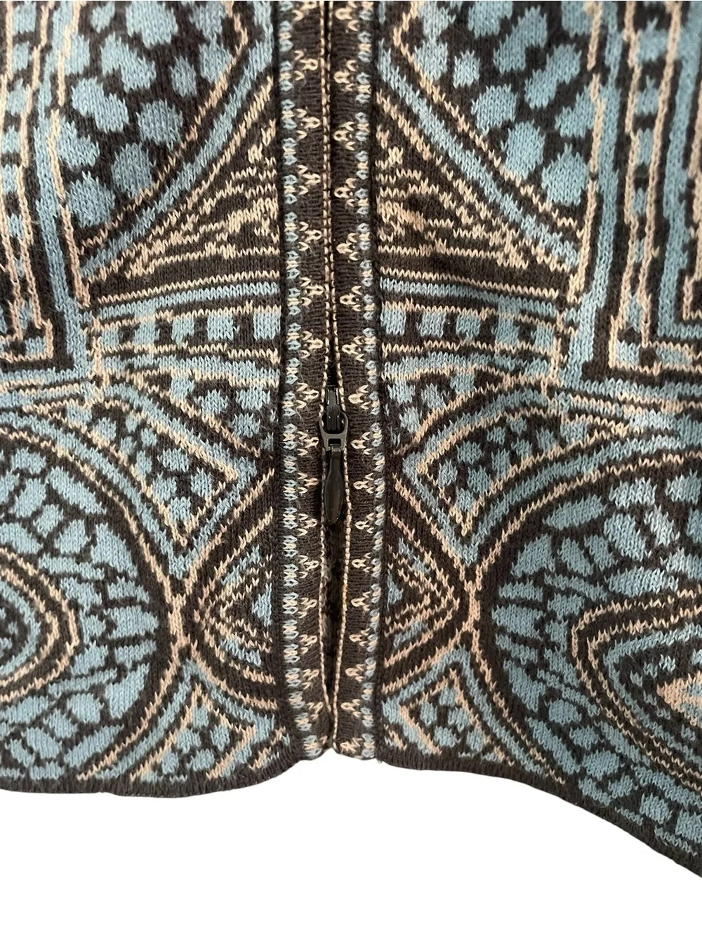 IVKO Blue Cream Zip-Front Abstract Patterned Cotton Knit Sweater Jacket Size 38